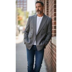 Loutie Italy Men Grey Double Breasted Wool Blazer Sport Coat Jacket  SZ 56